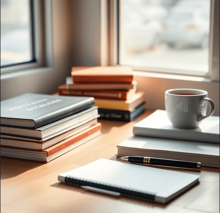 A tidy workspace with academic books,, representing focused academic writing in a calm setting.