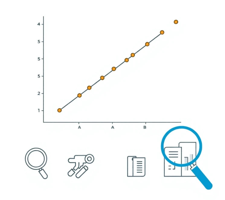 A scatterplot graph with data points and icons of a magnifying glass and charts, symbolizing correlational research.