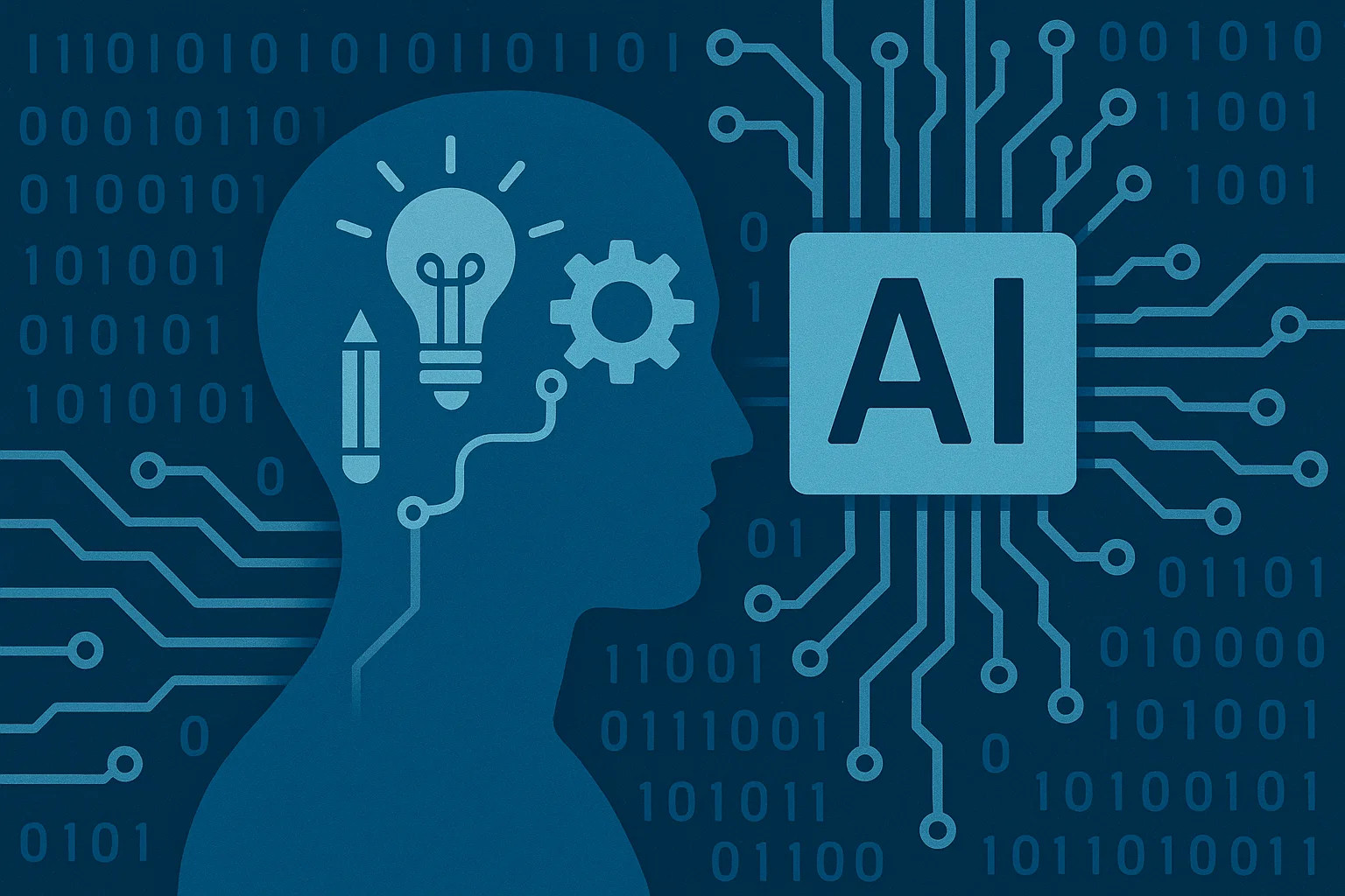 AI symbols like circuit patterns and binary code around, blending human creativity and artificial intelligence.