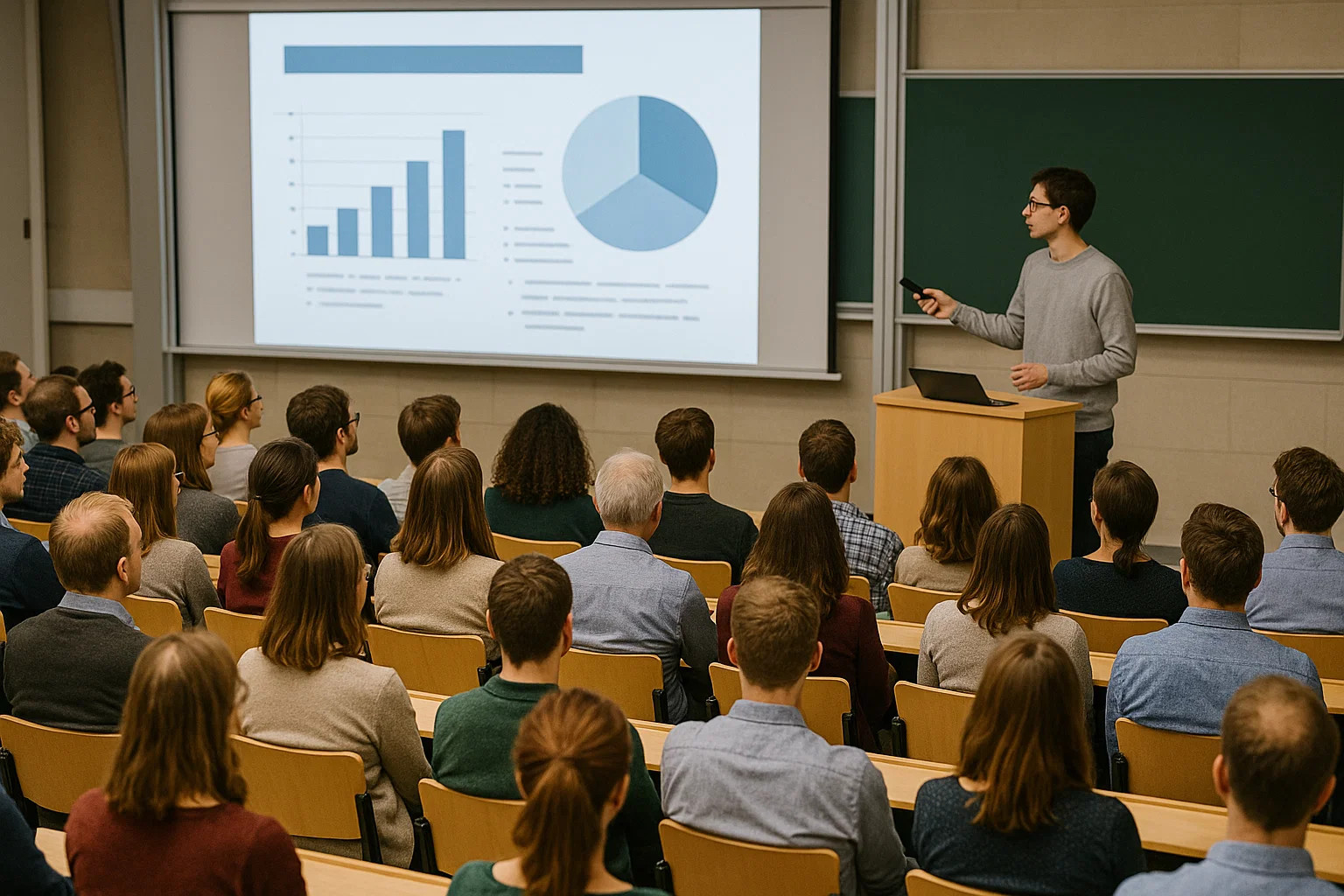 Publikum im Hörsaal verfolgt aufmerksam die Präsentation eines Studierenden