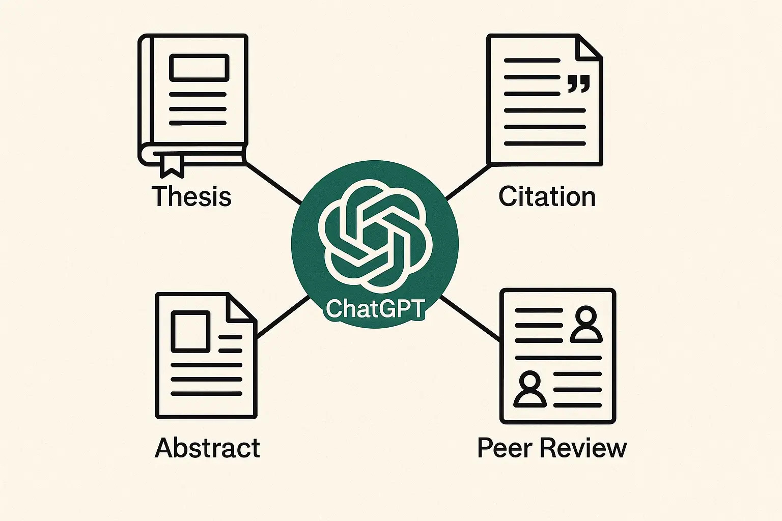 Illustration of ChatGPT icon connected to academic icons: thesis, citation, abstract, and peer review