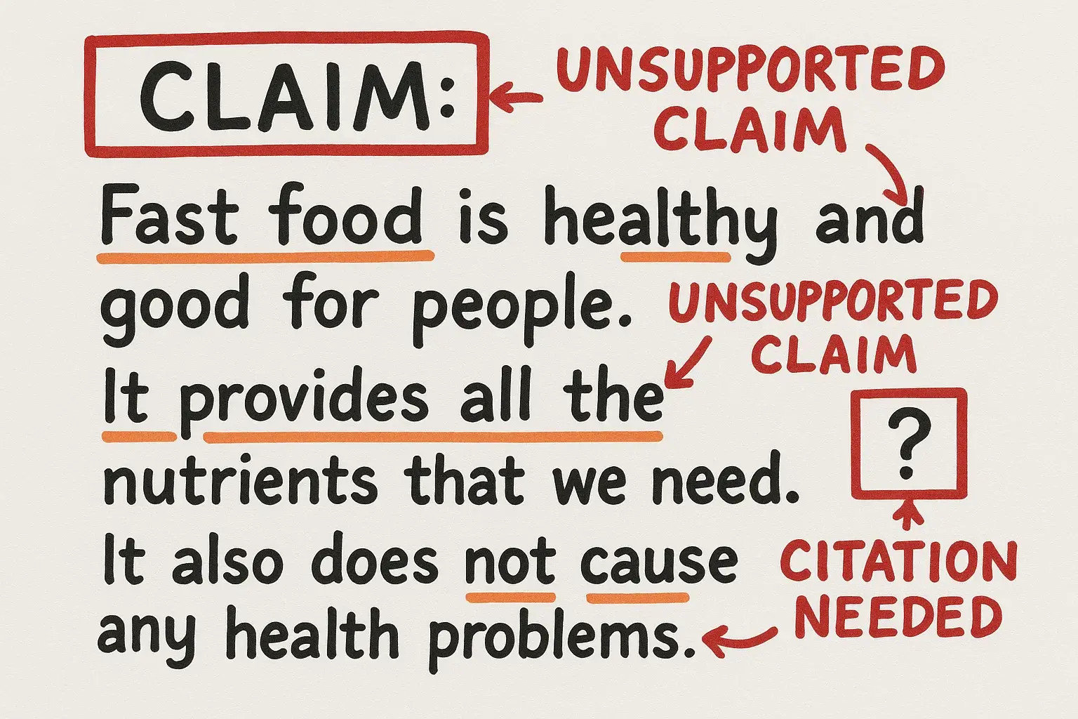 Critical interrogation: Annotated draft exposing unsupported claims with evidence demand signs