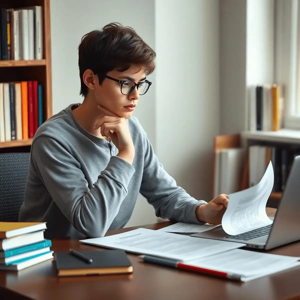 Student at desk reviewing papers with laptop, surrounded by books in a calm study setting.