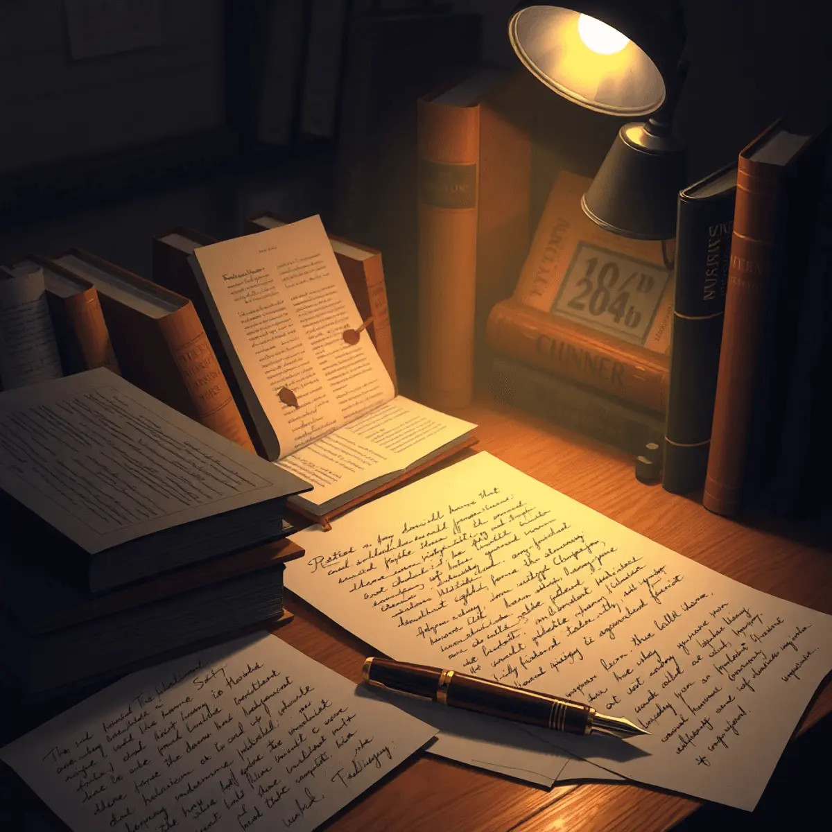 Handwritten notes and sketches, surrounded by classic humanities books, a vintage fountain pen, and soft ambient lighting.